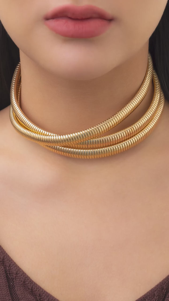 Triple Wrap Layer Snake Smooth 18K Gold Stainless Steel Choker Necklace for Women