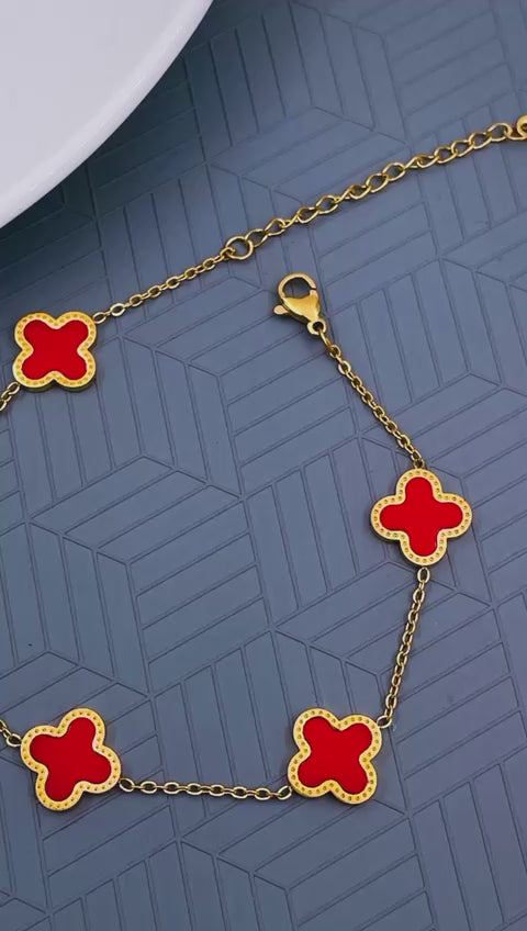 Clover Flower Red 18K Gold Stainless Steel Adjustable Bracelet Bulk