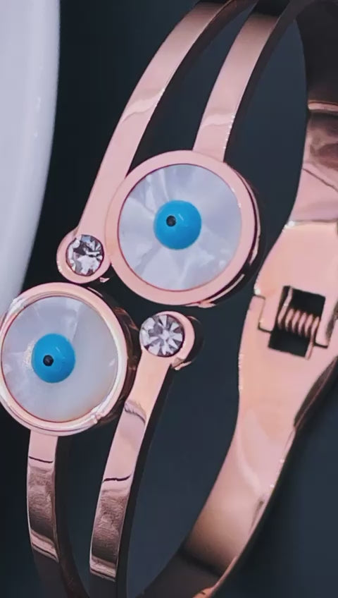 Twin Evil Eye Mother of Pearl 18K Rose Gold Stainless Steel Openable Kada for Women