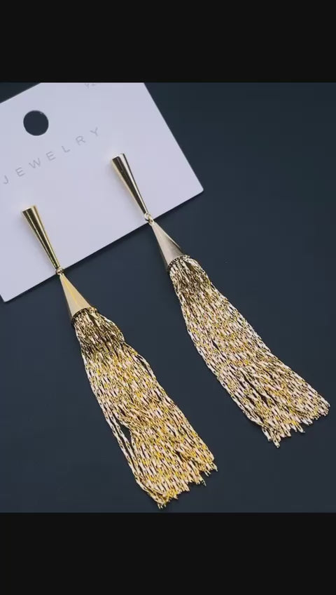 Long Chain Glossy Copper 18K Gold Dangling Tassel Earring Women Bulk