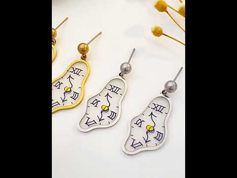 Abstract Clock Design Gold Silver Enamel Copper Drop Earrings Wholesale