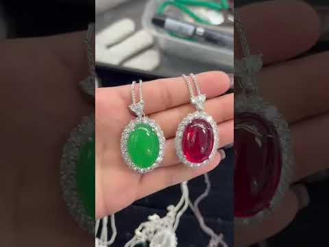 Red Green Classic Oval Cabochon Silver CZ Copper Pendant Chain Bulk