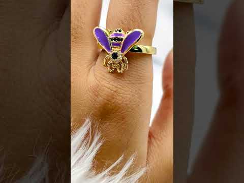Honey Bee CZ Enamel Yellow 18K Gold Anti Tarnish Adjustable Ring Bulk