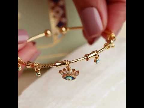 Eyelash Evil Eye Blue 18K Gold Cubic Zirconia Enamel Anti Tarnish Charm Kada Bracelet For Women