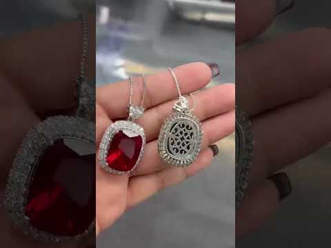 Red Blue Luxury Emerald Cut Silver CZ Anti Tarnish Copper Pendant Chain
