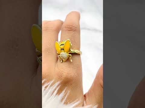 Honey Bee CZ Enamel Yellow 18K Gold Anti Tarnish Adjustable Ring Bulk