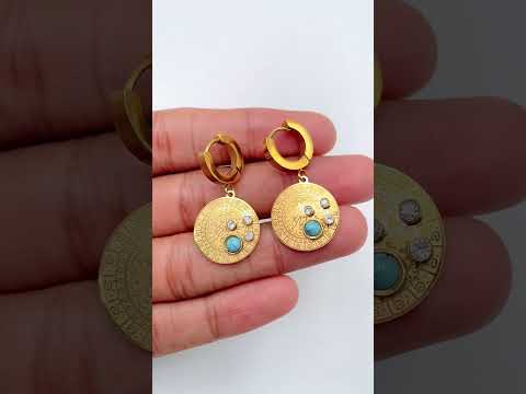 Medallion Cubic Zirconia Stainless Steel Green 18K Gold Anti Tarnish Dangler Hoop Earring For Women