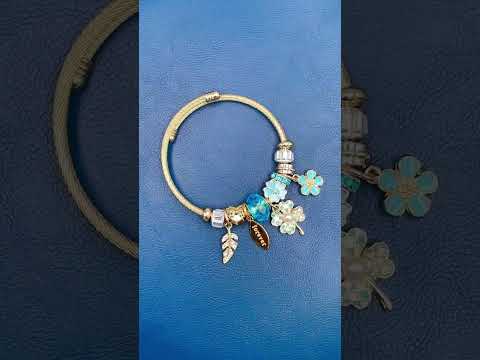 Flower Leaf Blue Gold Beads CZ Enamel Anti Tarnish Charm Bracelet Bulk