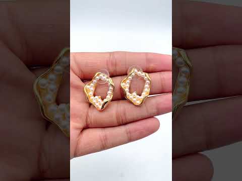 Dented Pearl White 18K Gold Anti Tarnish Stud Dangler Earring Bulk