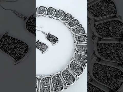 Flower Shape Oxidised German Silver Choker Necklace Earring Set Bulk
