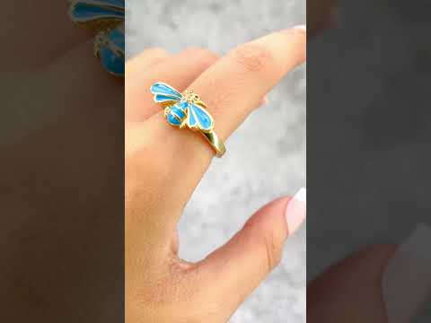 Honey Bee CZ Enamel Blue 18K Gold Anti Tarnish Free Size Ring Bulk