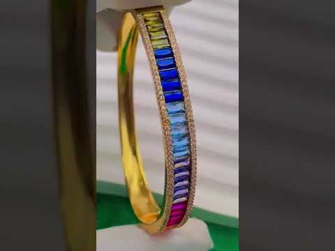 Gradiating Rainbow Multi Baguette Gold Openable Kada Bracelet Bulk