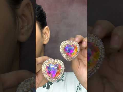 Heart Multicolor Rhinestone 18K Gold Anti Tarnish Stud Earring Bulk