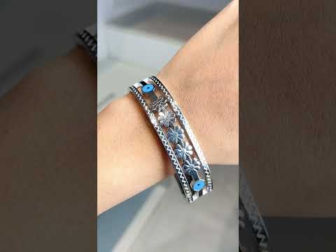 Daisy Flower Evil Eye Enamel Blue Silver Anti Tarnish Openable Kada Bracelet For Women