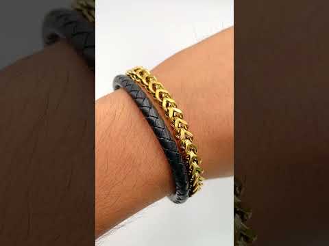 Two Layer Black Gold 316L Stainless Steel Leather Bracelet Men Bulk