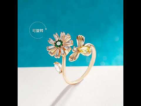 Bulk White Flower Honeybee Gold Plated CZ Copper Adjustable Fancy Ring