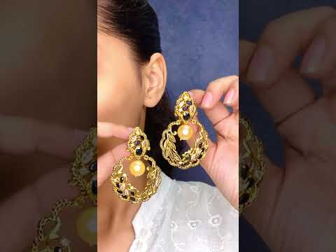 Antique Traditional 22K Gold Black Pearl Dangling Earring Women Bulk