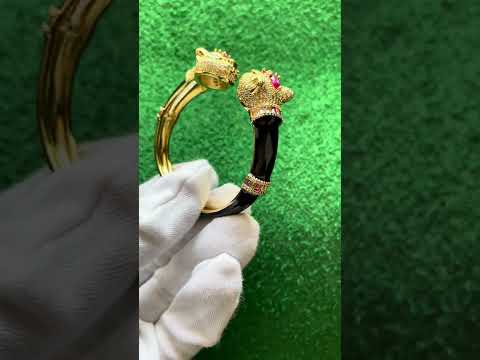Red Crown Dual Panther Black Enamel CZ 18K Gold Openable Kada Bulk