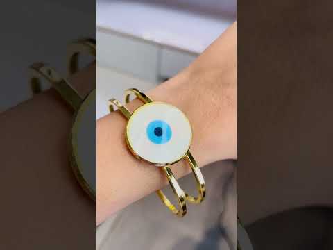 Large Evil Eye Mother Of Pearl Dual Layer 18K Gold Openable Cuff Kada Bangle For Women