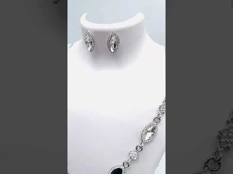 Leaf Dark Blue Silver Crystal American Diamond Necklace Earring Bulk
