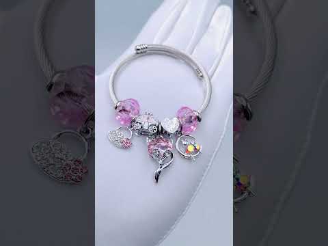 Beads Heart Pink Silver CZ Copper Anti Tarnish Charm Bracelet Bulk