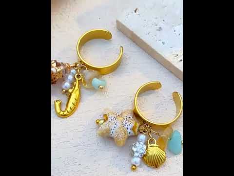 Beach Style Shell & Starfish Charm Gold Beads Pearl Copper Ring Bulk