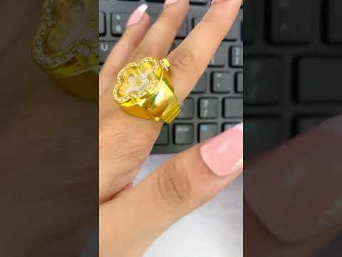 Clover Flower Green Dial Gold CZ Anti Tarnish Watch Ring Bulk