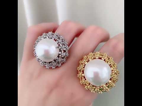 Filigree Flower CZ Pearl White Gold Anti Tarnish Adjustable Ring Bulk