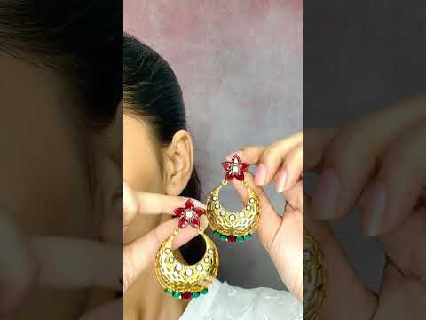 Flower Chaand Bali Red Green American Diamond CZ Gold Earring Bulk