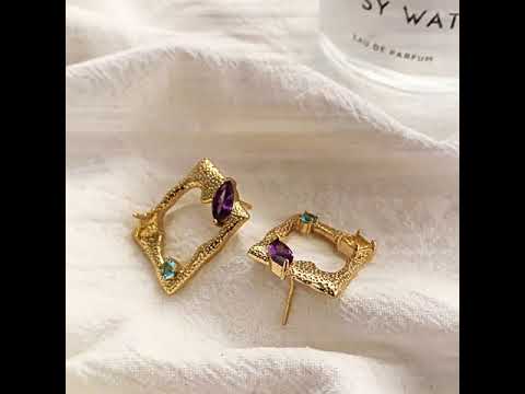 Multi Color Square Shape Gold CZ Stainless Steel Stud Earrings Bulk