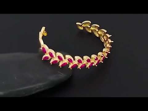 Floral Leaf Ruby Red CZ 18K Gold Anti Tarnish Copper Cuff Kada Bulk