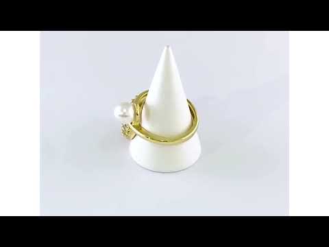 Feather Leaf Pearl Baguette CZ 18K Gold Free Size Ring Bulk