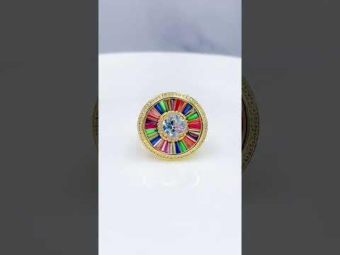 Rainbow Solitaire Multi Gold CZ Crystal Anti Tarnish Ring Bulk