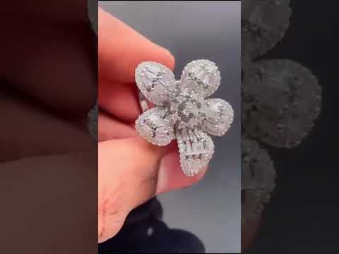 Rafflesia Baguette Flower Cubic Zirconia Silver Free Size Ring Bulk