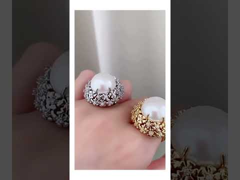 Filigree Flower CZ Pearl White Gold Anti Tarnish Adjustable Ring Bulk