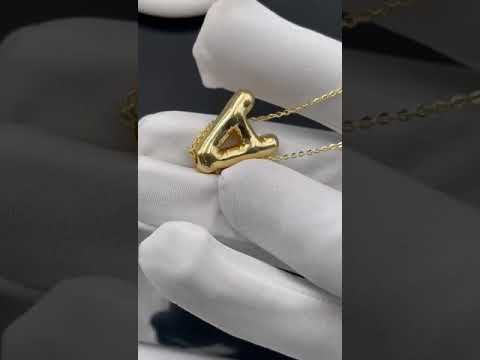 A Party Balloon Bubble Puffed Initial Alphabet Letter 18K Glossy Gold Anti Tarnish Pendant Chain