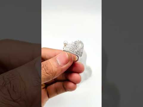 Hand Fan Baguette CZ Pearl Silver Anti Tarnish Free Size Ring Bulk