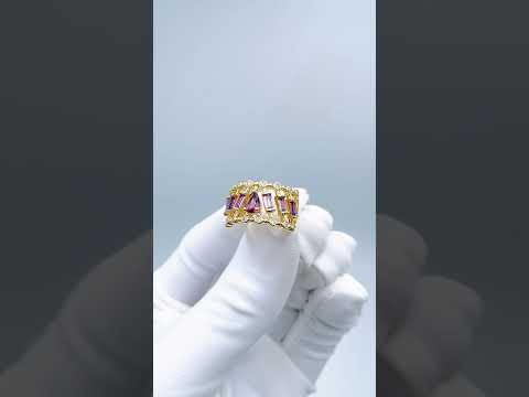 Drop Baguette CZ Crystal Purple Gold Anti Tarnish Adjustable Ring Bulk