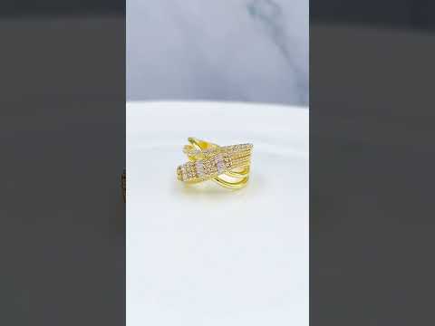 Baguette Cross Over CZ 18K Gold Anti Tarnish Adjustable Ring Bulk