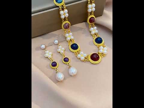 Designer Party Wear Gold Pearl Beads Necklace Earring Set Wholesale