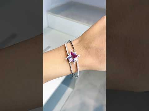 Square Solitaire Multi Silver Cubic Zirconia Crystal Anti Tarnish Cuff Bracelet For Women