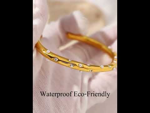 Dented 18K Gold Pearl Cubic Zirconia Anti Tarnish Cuff Bracelet Bulk