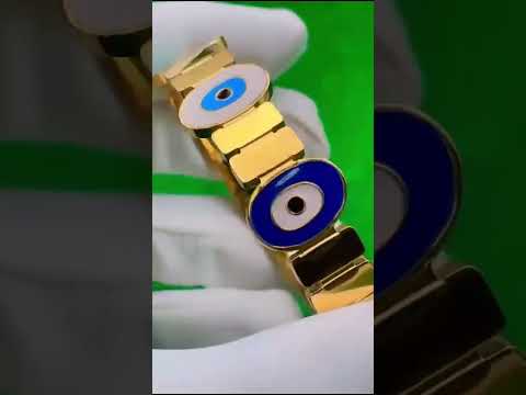 Triple Blue Evil Eye Gold Stainless Steel Openable Kada Bracelet Bulk