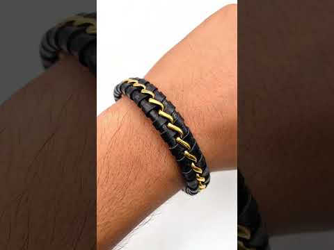Black Braided Leather Gold Stainless Steel Bracelet For Men Bulk