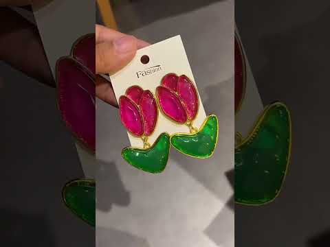 Rose Flower Acrylic 18K Gold Pink Green Dangler Earring For Women