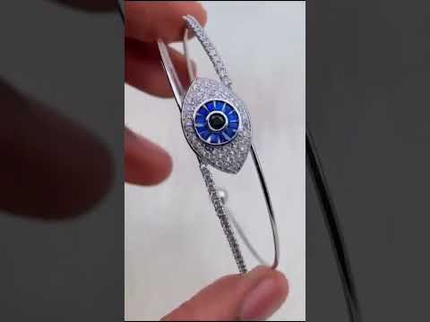 Blue Evil Eye Baguette Cubic Zirconia Silver Cuff Kada For Women Bulk