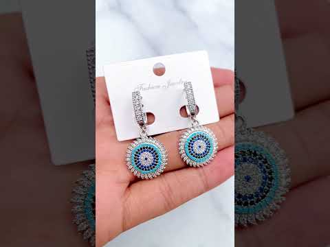 Sun Evil Eye Blue Silver Cubic Zirconia Crystal Anti Tarnish Dangler Hoop Earring For Women