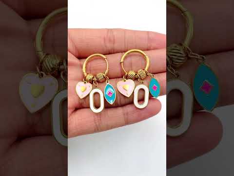 Heart Charm Enamel Stainless Steel Multi 18K Gold Anti Tarnish Dangler Hoop Earring For Women