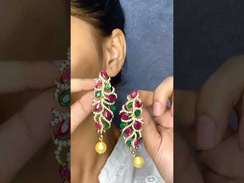 Victorian Ruby Red Emerald Green Gold Plated Dangling Earring Bulk