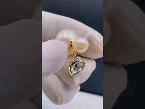 Post Dual Pearl Dangling Drop Heart Love CZ 18K Gold Earring Bulk